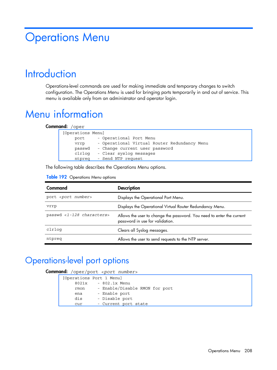 HP BMD00022 manual Operations-level port options, Command /oper, Following table describes the Operations Menu options 