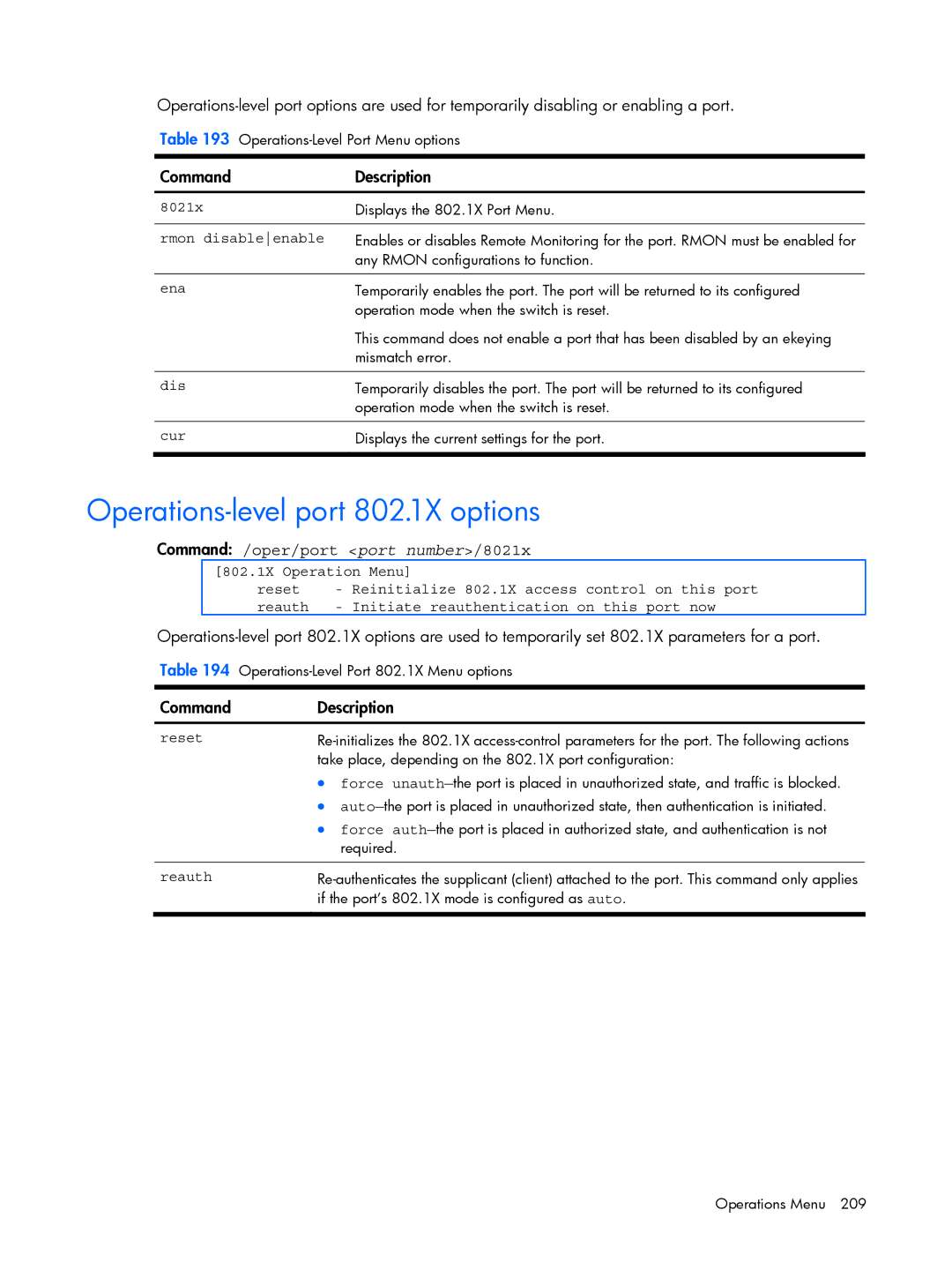 HP BMD00022 manual Operations-level port 802.1X options, Command /oper/port port number/8021x, Rmon disableenable 