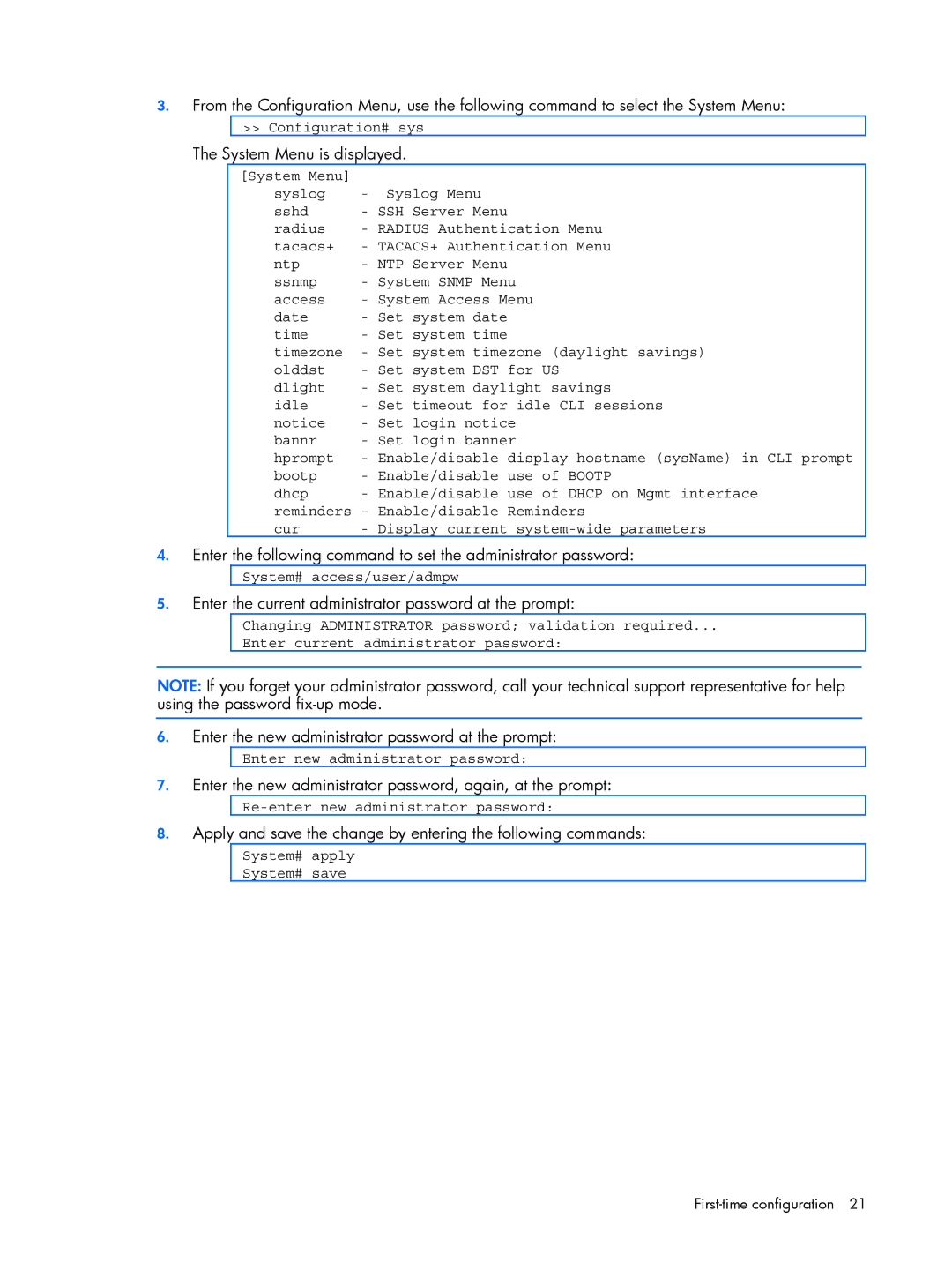 HP BMD00022 manual System Menu is displayed, Enter the current administrator password at the prompt 