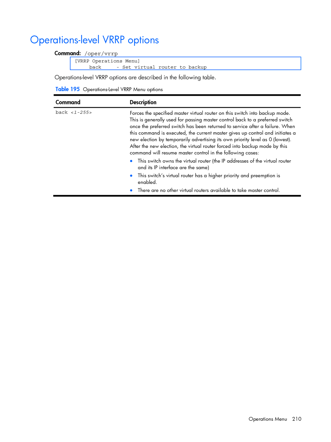 HP BMD00022 Operations-level Vrrp options, Command /oper/vrrp, Vrrp Operations Menu Back Set virtual router to backup 