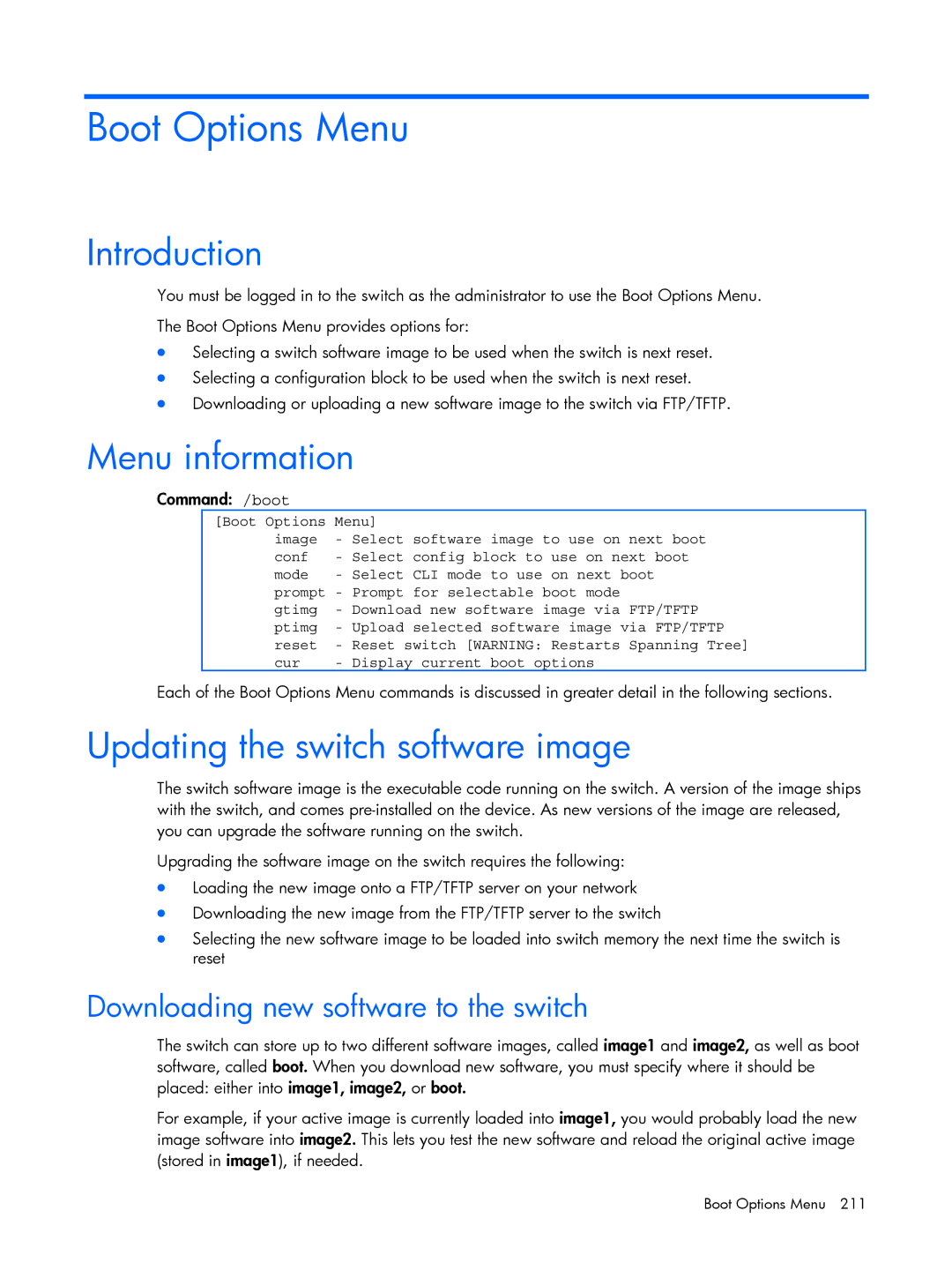 HP BMD00022 manual Updating the switch software image, Downloading new software to the switch, Command /boot 