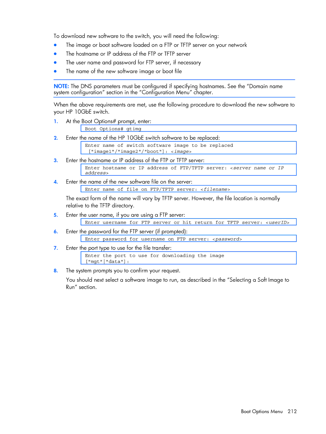 HP BMD00022 Enter the hostname or IP address of the FTP or Tftp server, Enter the password for the FTP server if prompted 