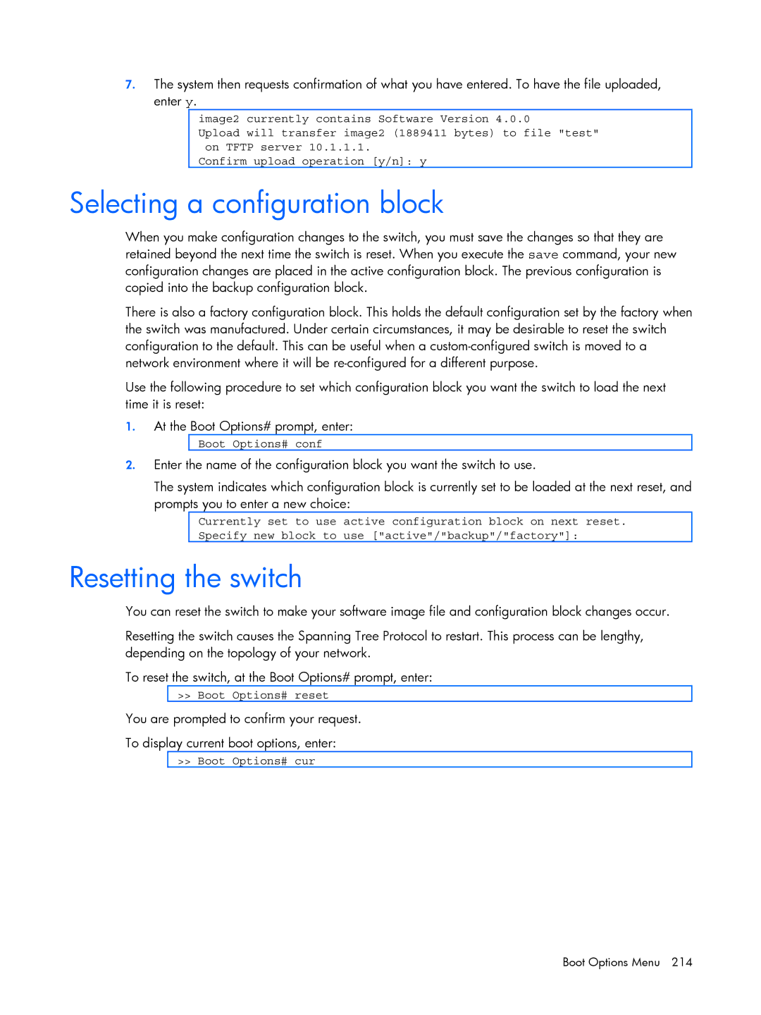 HP BMD00022 manual Selecting a configuration block, Resetting the switch, Boot Options# conf, Boot Options# reset 