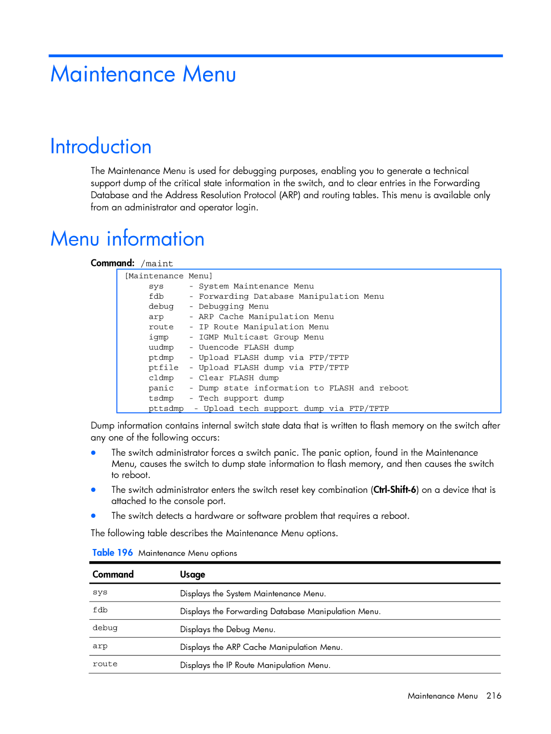 HP BMD00022 manual Maintenance Menu, Command /maint 