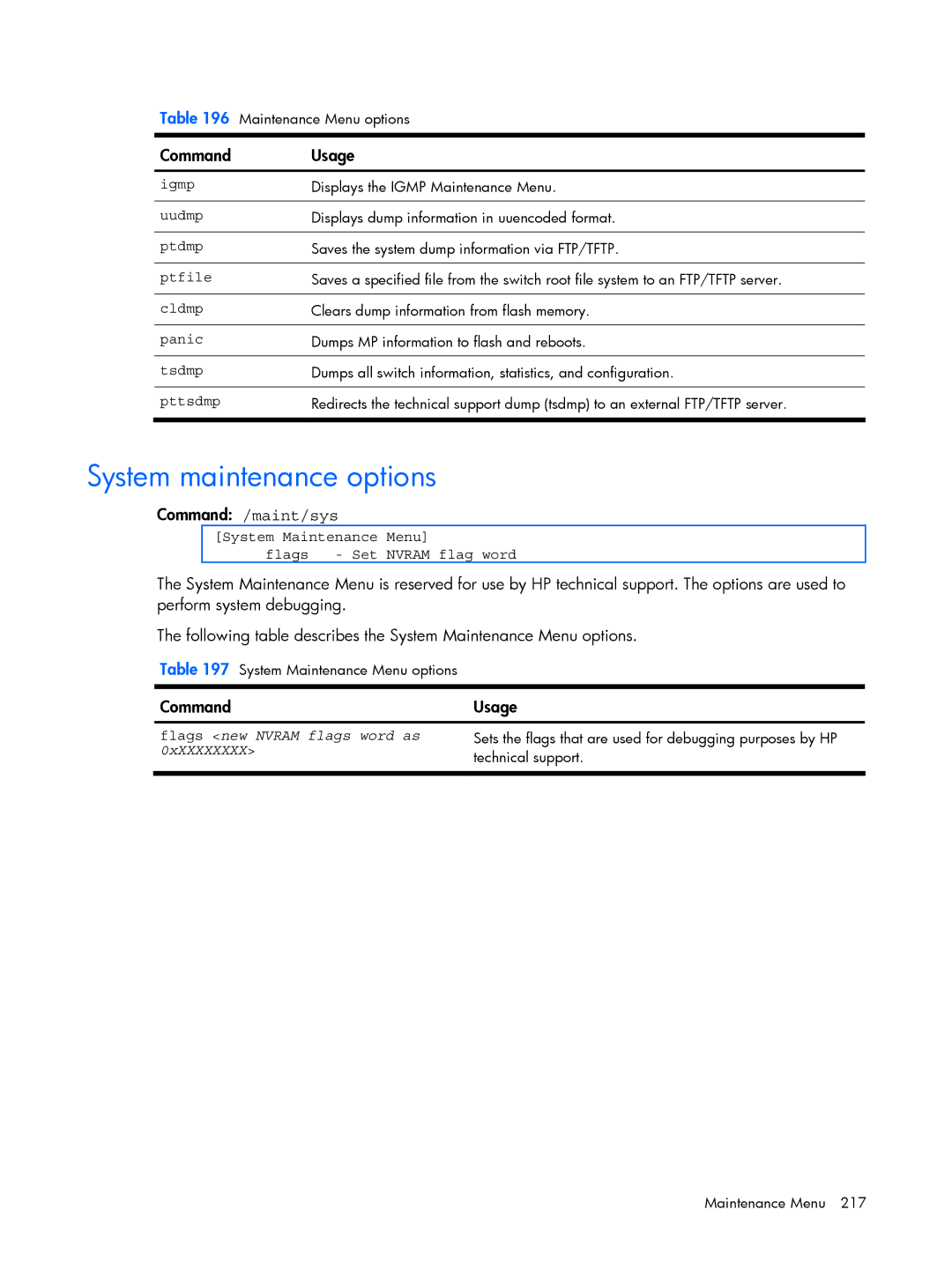 HP BMD00022 manual System maintenance options, Command /maint/sys, System Maintenance Menu Flags Set Nvram flag word 