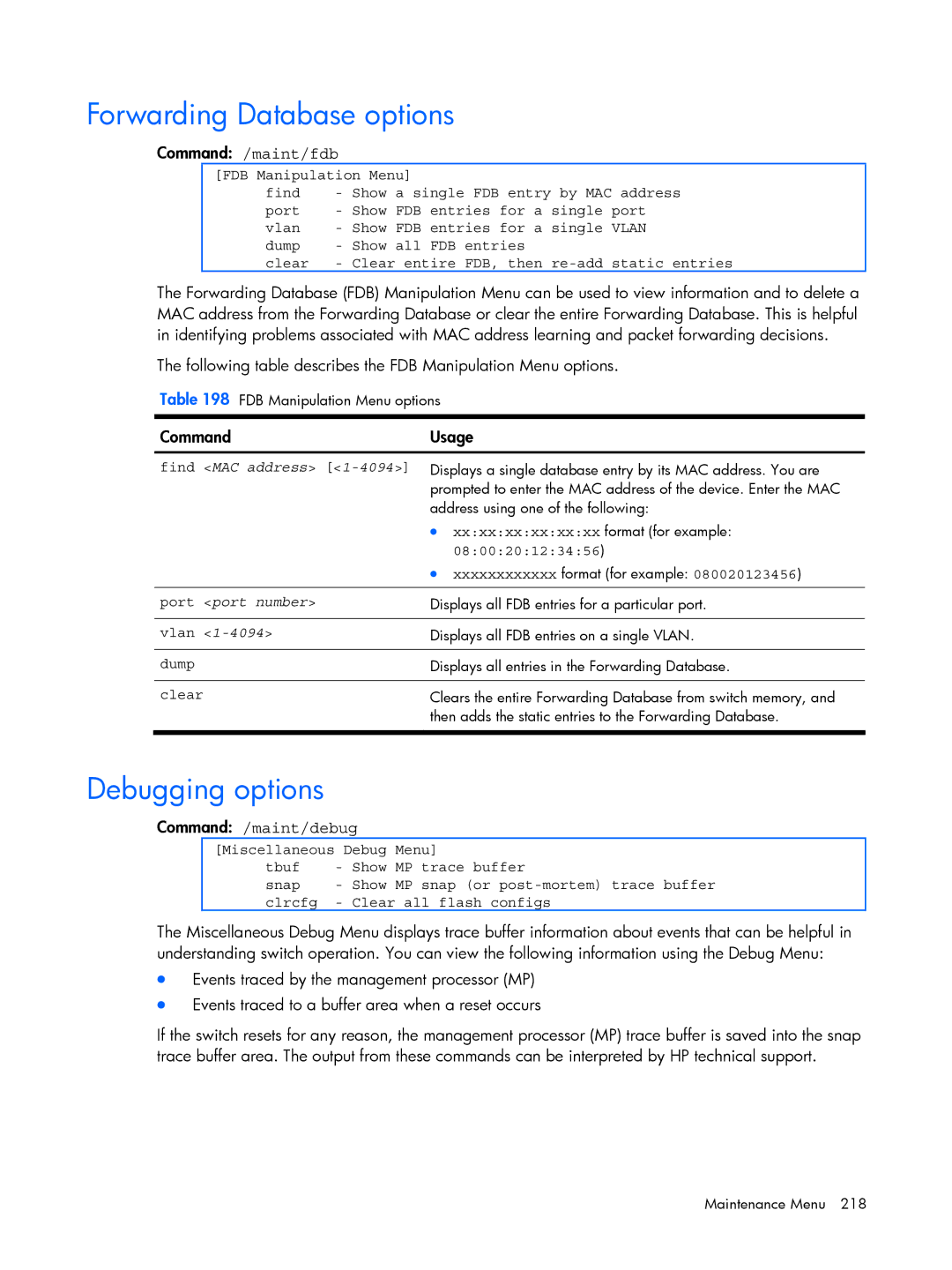 HP BMD00022 Forwarding Database options, Debugging options, Command /maint/fdb, Command /maint/debug, Find MAC address 