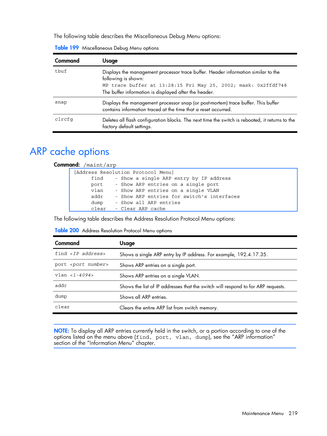 HP BMD00022 manual ARP cache options, Command /maint/arp, MP trace buffer at 132815 Fri May 25, 2002 mask 0x2ffdf748 