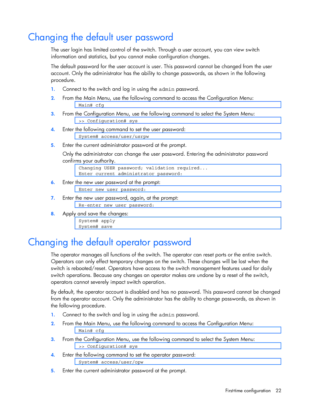 HP BMD00022 manual Changing the default user password, Changing the default operator password 