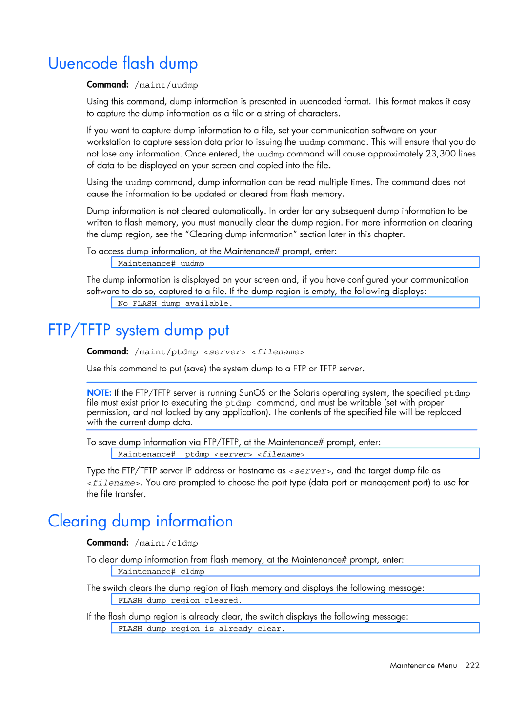 HP BMD00022 manual Uuencode flash dump, FTP/TFTP system dump put, Clearing dump information 