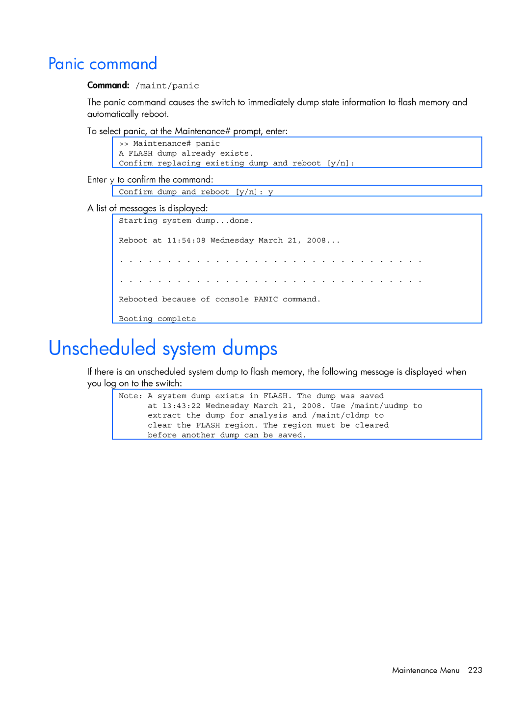 HP BMD00022 manual Unscheduled system dumps, Panic command, Command /maint/panic, Enter y to confirm the command 