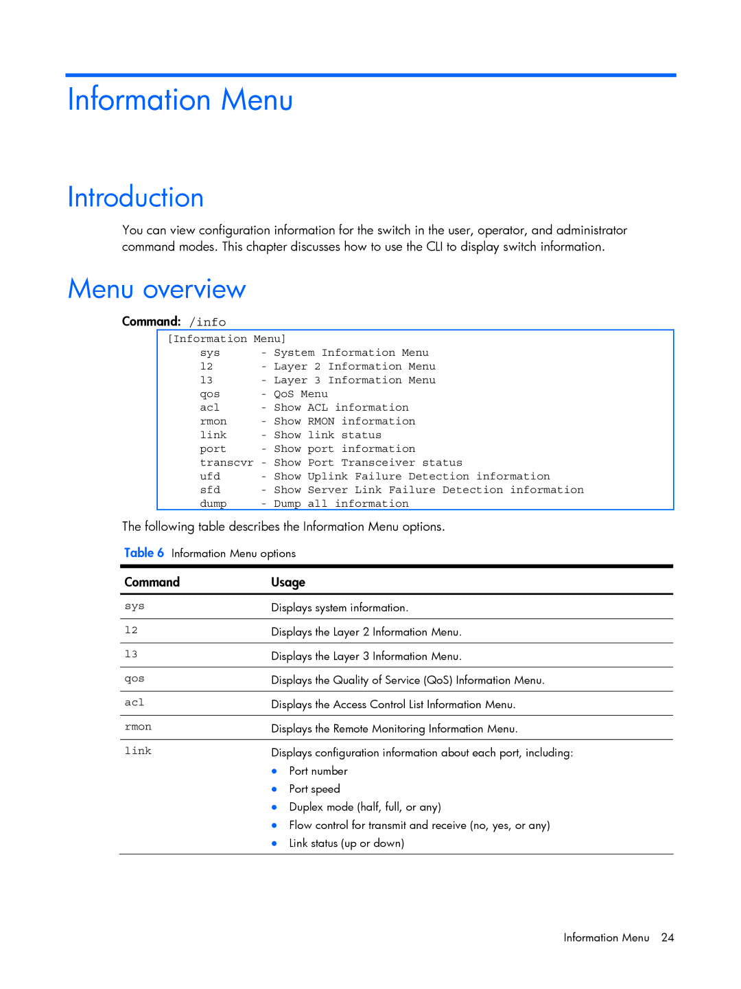 HP BMD00022 manual Menu overview, Command /info, Following table describes the Information Menu options, Command Usage 