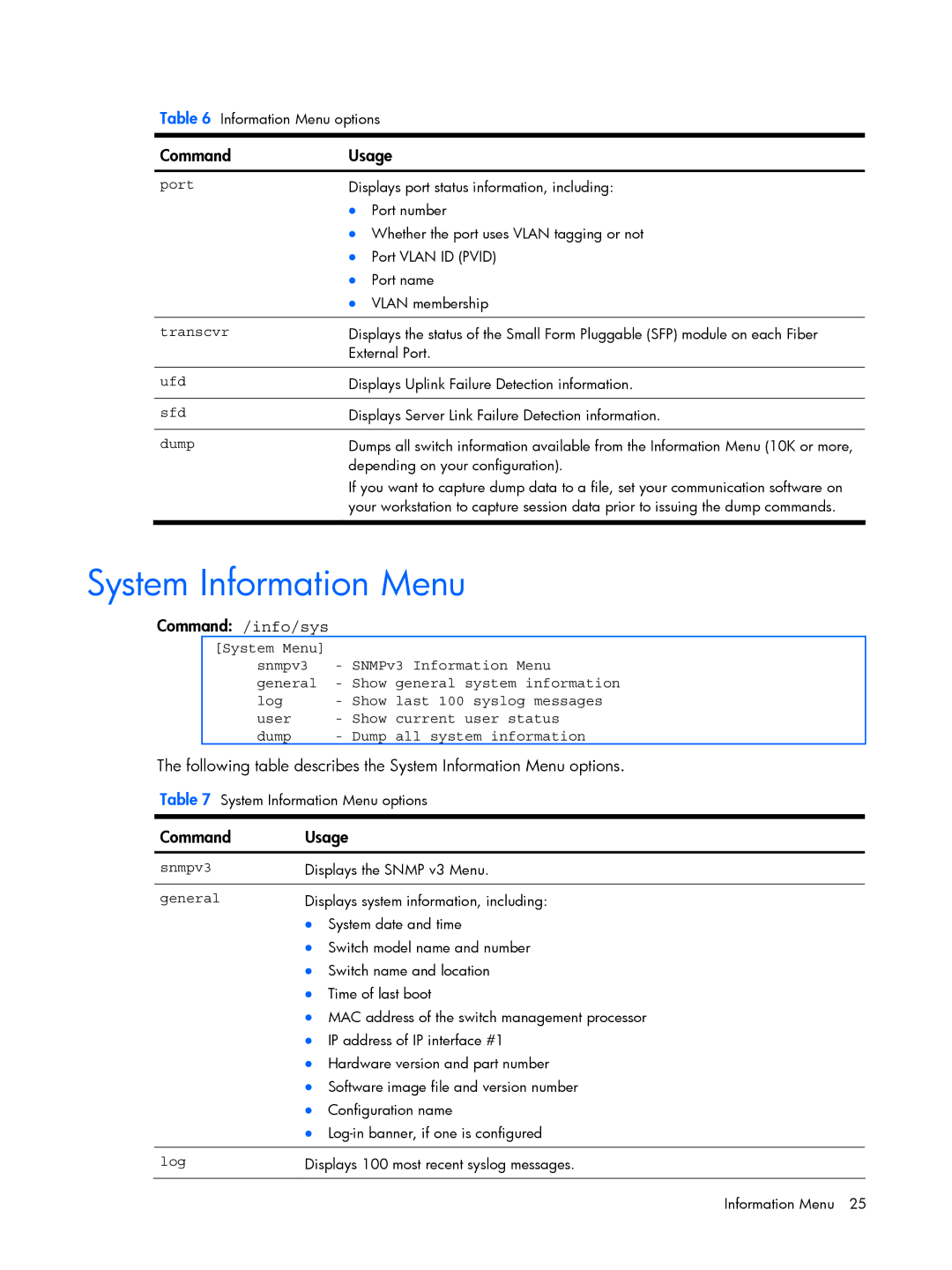 HP BMD00022 manual System Information Menu, Command /info/sys 