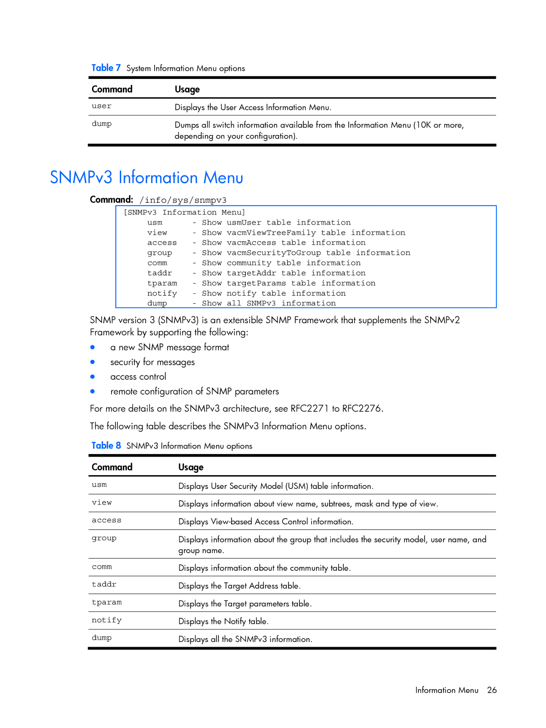 HP BMD00022 manual SNMPv3 Information Menu, Command /info/sys/snmpv3 