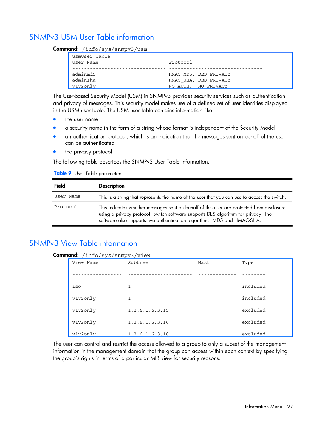 HP BMD00022 manual SNMPv3 USM User Table information, SNMPv3 View Table information, Command /info/sys/snmpv3/usm 