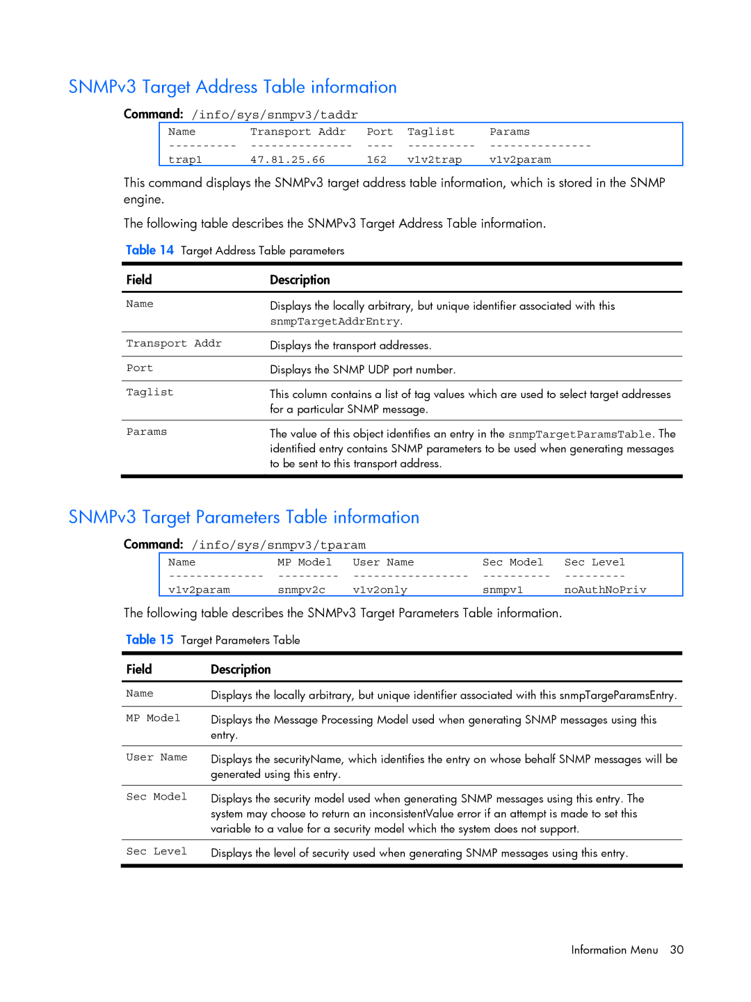 HP BMD00022 manual SNMPv3 Target Address Table information, SNMPv3 Target Parameters Table information, SnmpTargetAddrEntry 