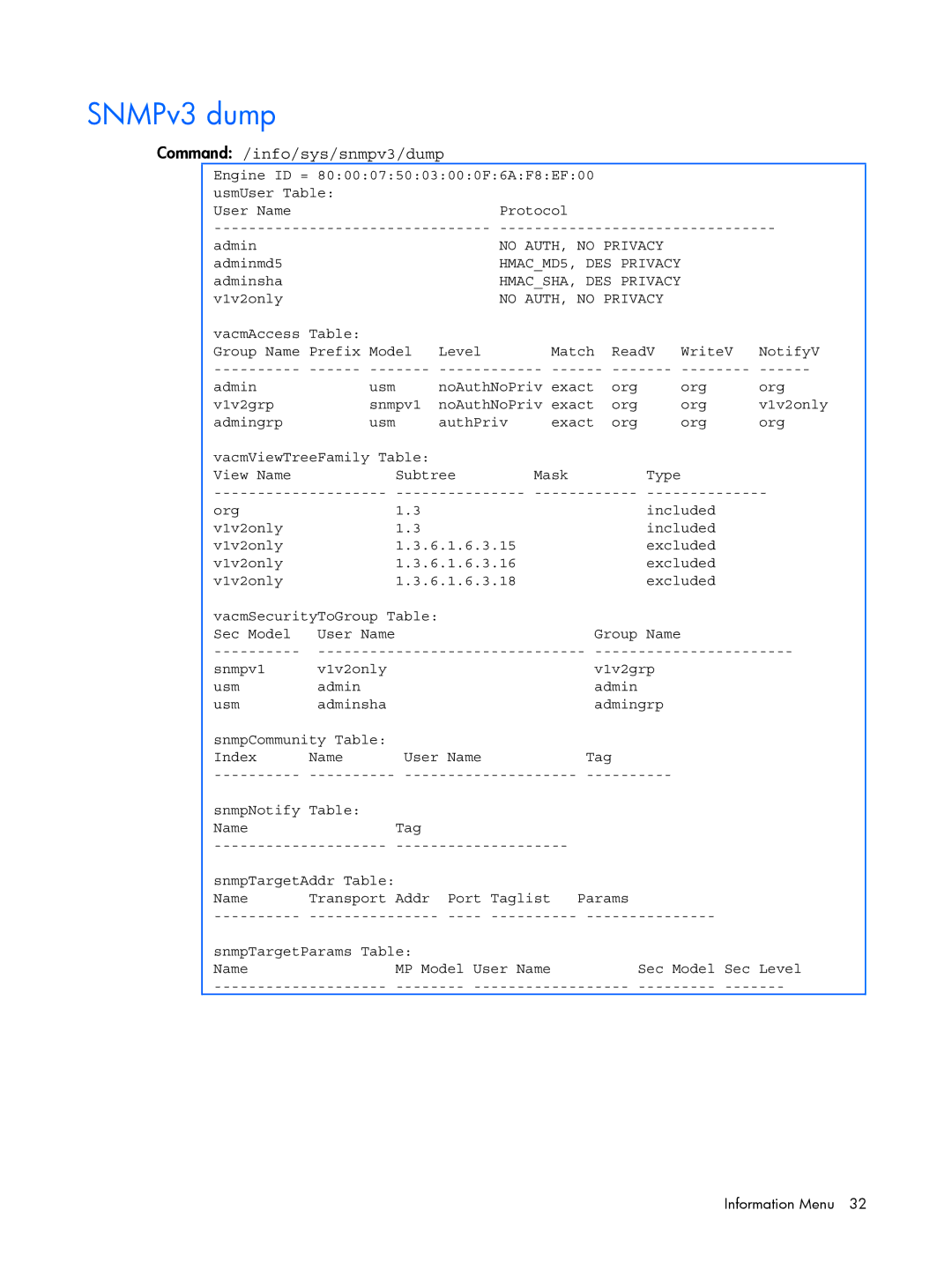 HP BMD00022 manual SNMPv3 dump, Command /info/sys/snmpv3/dump 