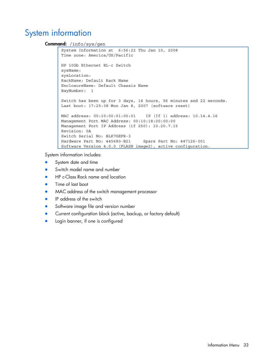 HP BMD00022 manual System information, Command /info/sys/gen 