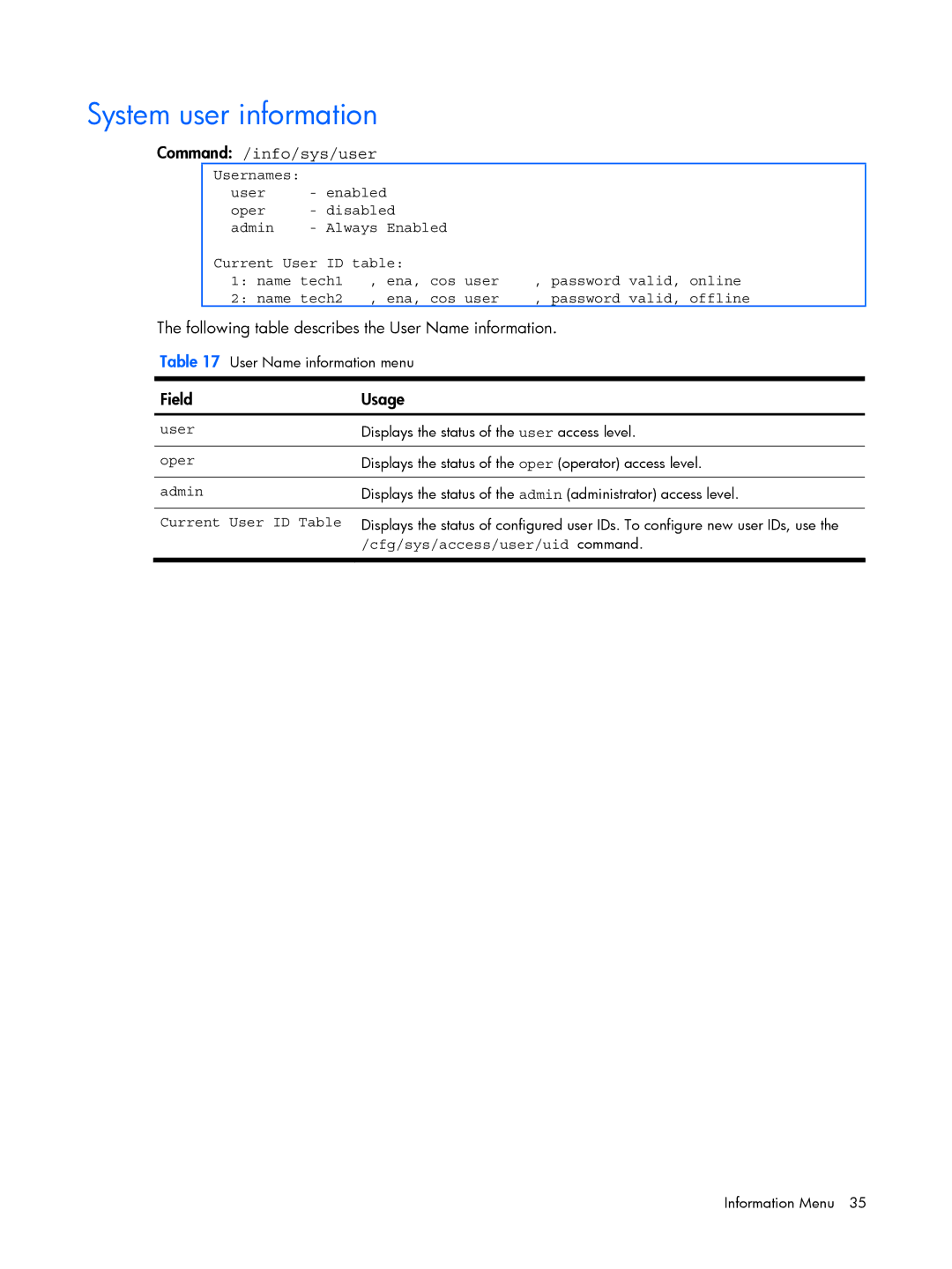 HP BMD00022 manual System user information, Command /info/sys/user, Following table describes the User Name information 