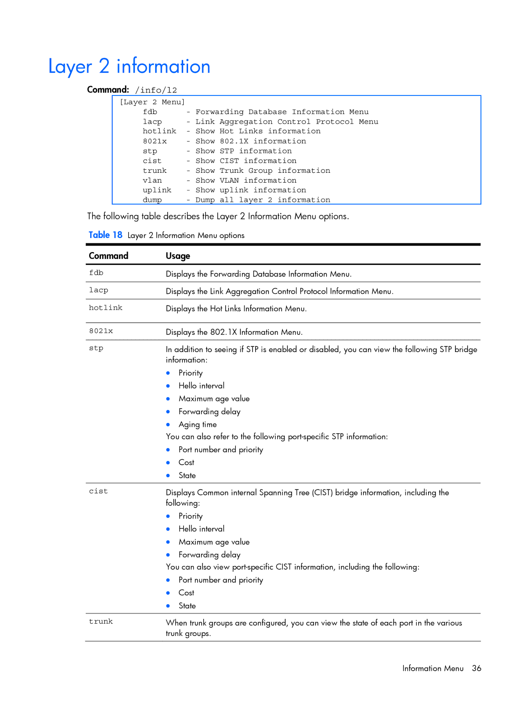 HP BMD00022 manual Layer 2 information, Command /info/l2 