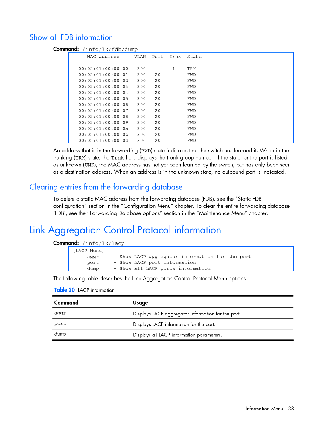 HP BMD00022 manual Link Aggregation Control Protocol information, Show all FDB information, Command /info/l2/fdb/dump 