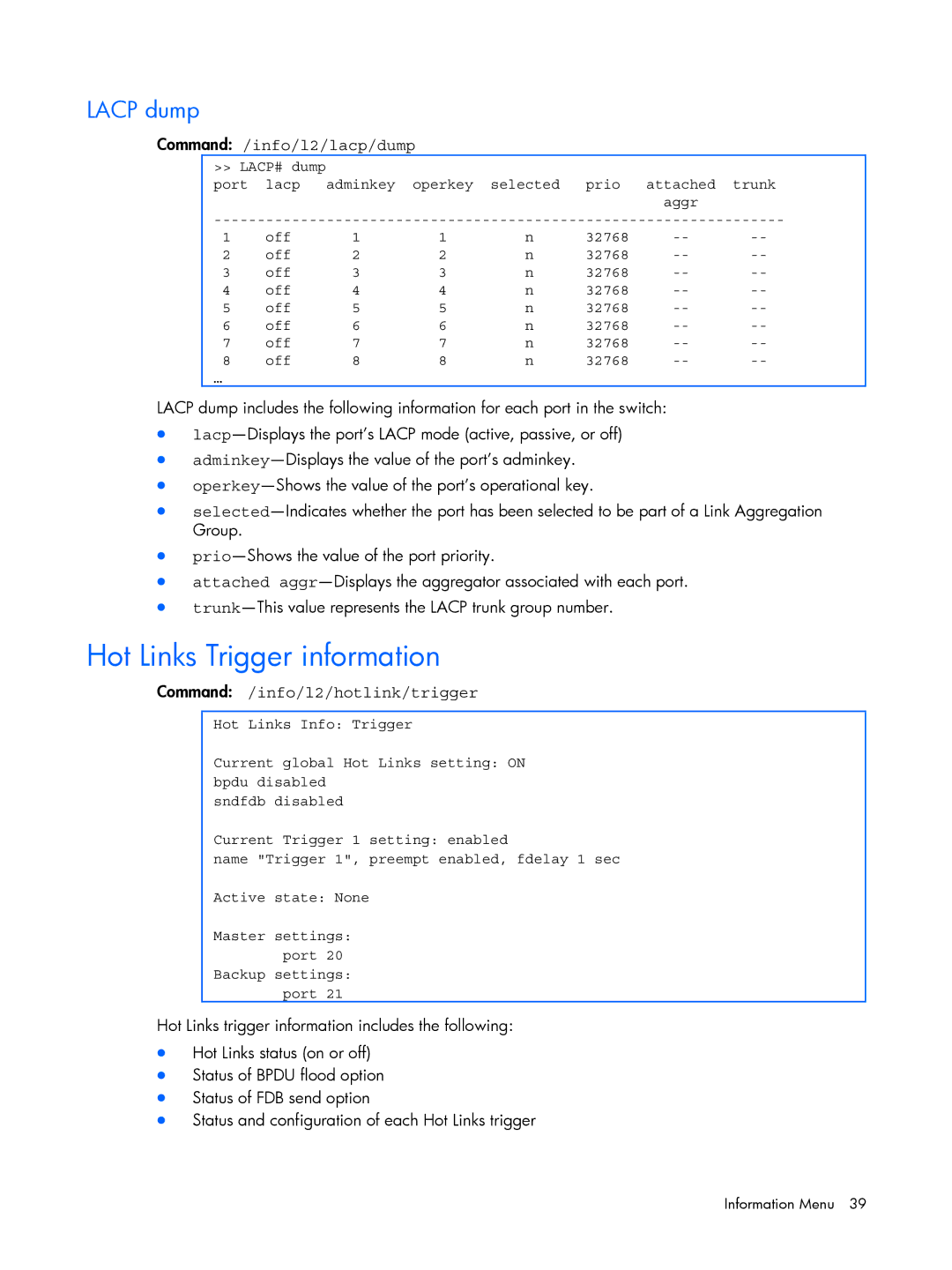 HP BMD00022 manual Hot Links Trigger information, Lacp dump, Command /info/l2/lacp/dump, Command /info/l2/hotlink/trigger 