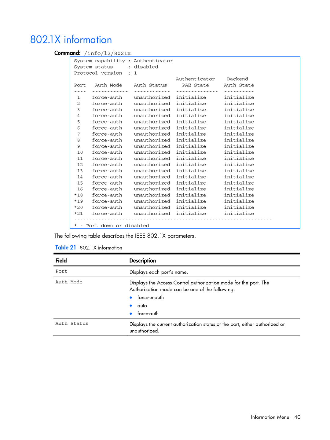 HP BMD00022 manual 802.1X information, Command /info/l2/8021x, Following table describes the Ieee 802.1X parameters 