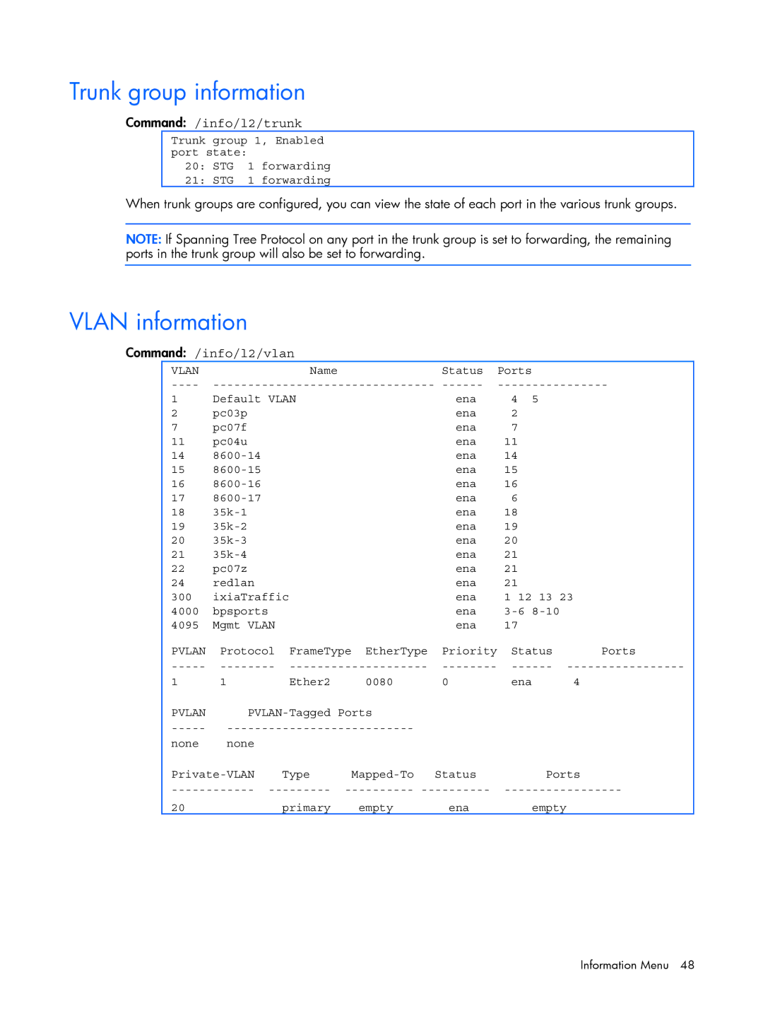 HP BMD00022 manual Trunk group information, Vlan information, Command /info/l2/trunk, Command /info/l2/vlan 