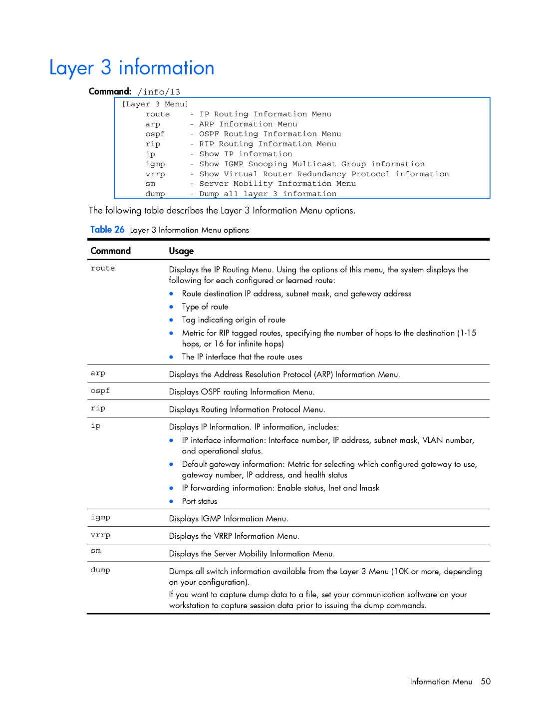 HP BMD00022 manual Layer 3 information, Command /info/l3 