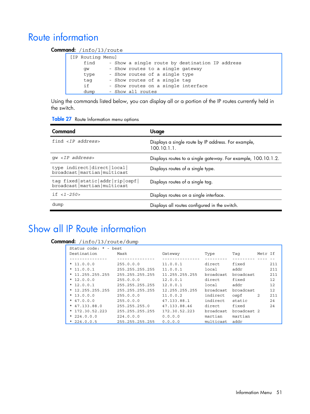 HP BMD00022 manual Show all IP Route information, Command /info/l3/route/dump 