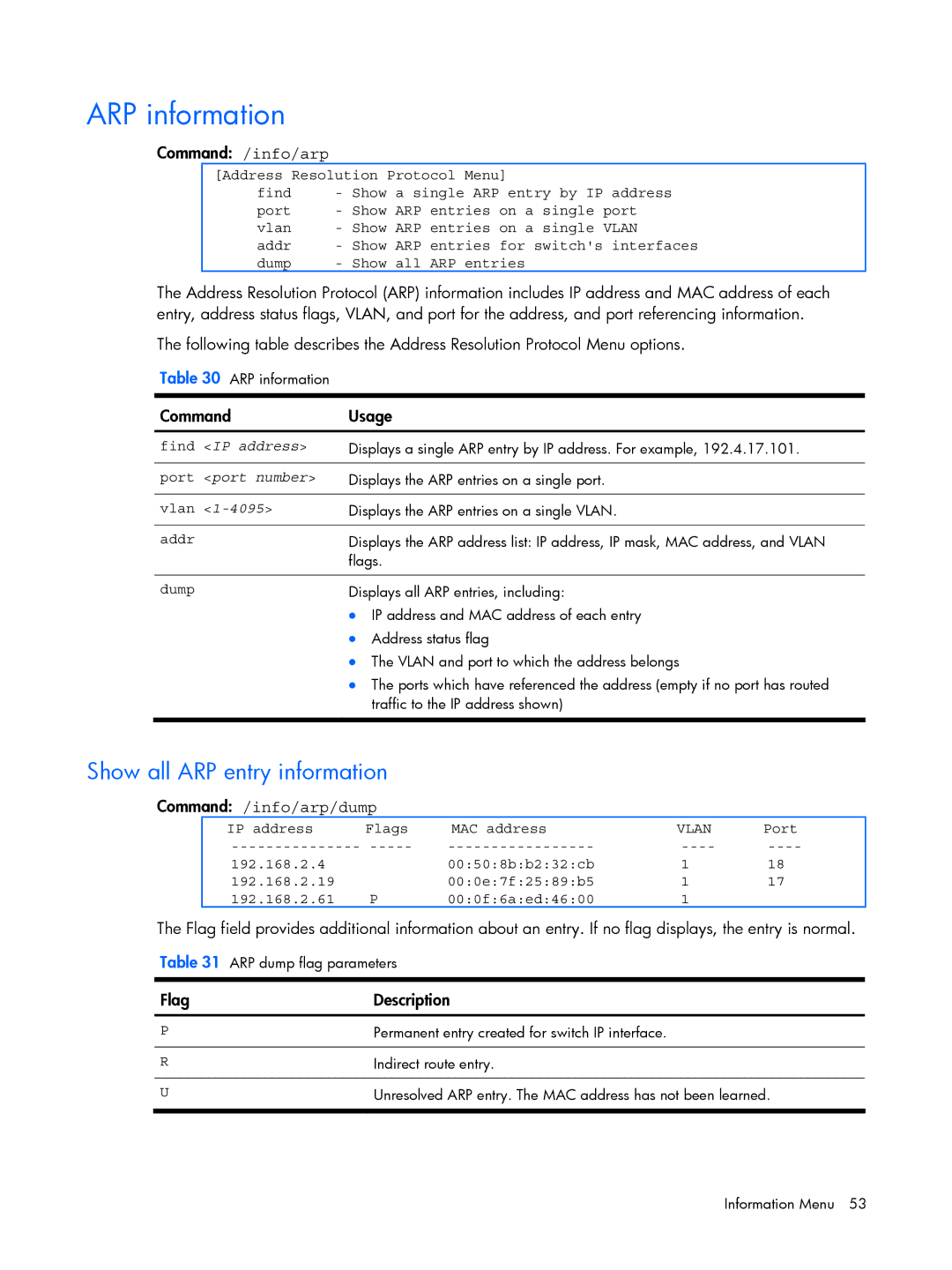 HP BMD00022 manual ARP information, Show all ARP entry information, Command /info/arp/dump, Flag Description 