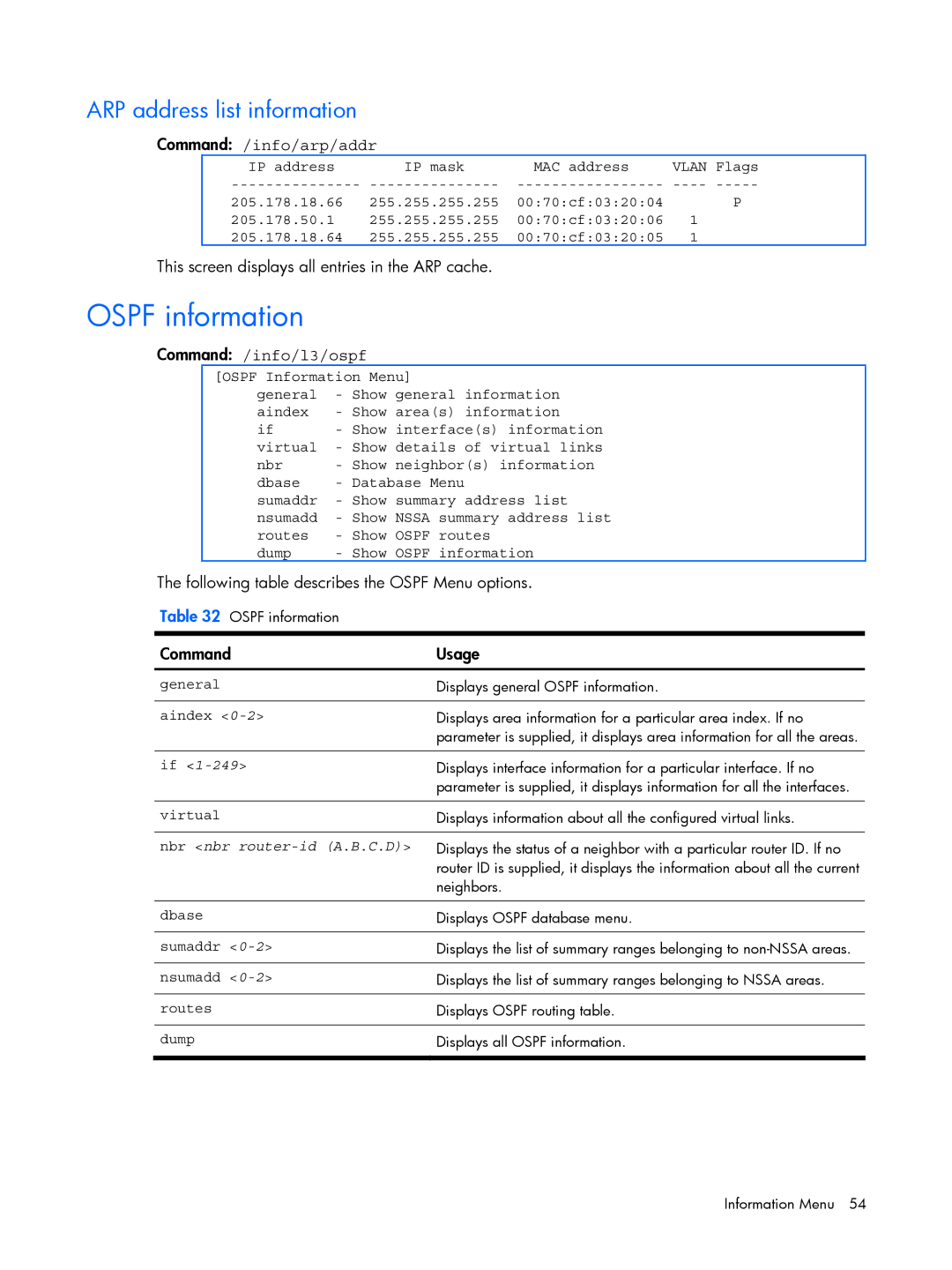 HP BMD00022 manual Ospf information, ARP address list information, Command /info/arp/addr, Command /info/l3/ospf 