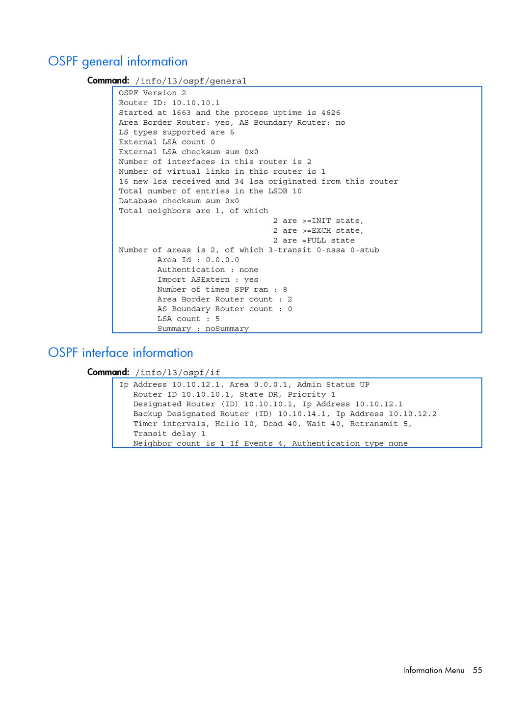 HP BMD00022 Ospf general information, Ospf interface information, Command /info/l3/ospf/general, Command /info/l3/ospf/if 