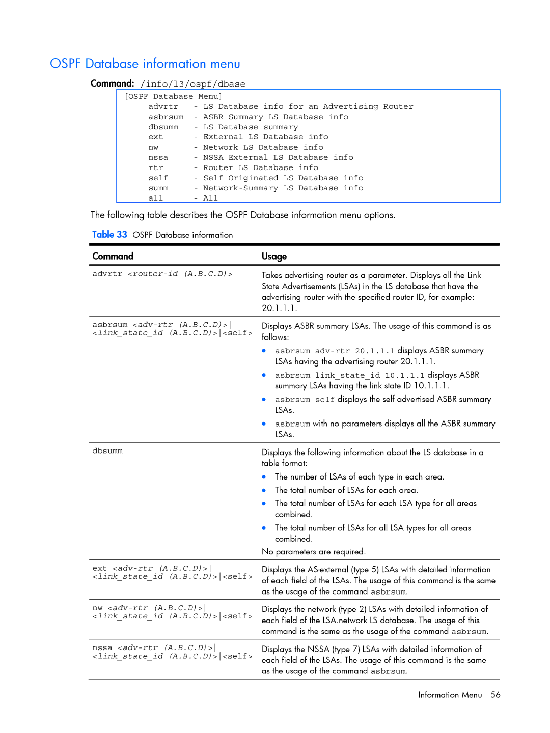 HP BMD00022 manual Ospf Database information menu, Command /info/l3/ospf/dbase 