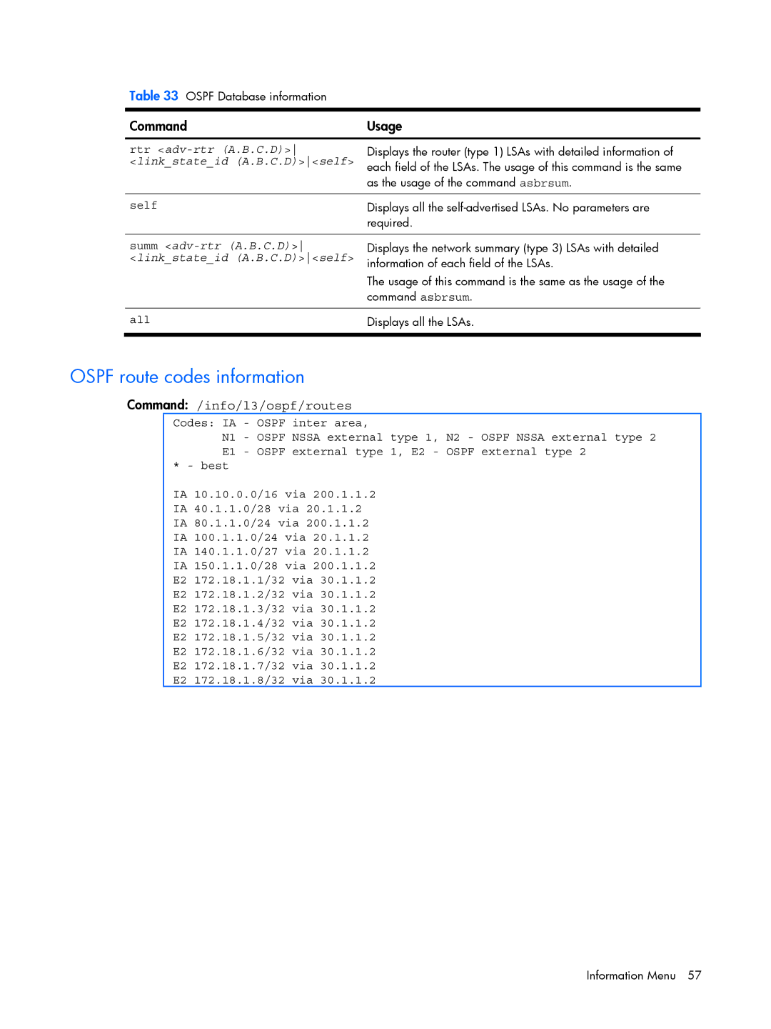 HP BMD00022 manual Ospf route codes information, Command /info/l3/ospf/routes, Rtr adv-rtr A.B.C.D, Linkstateid A.B.C.Dself 