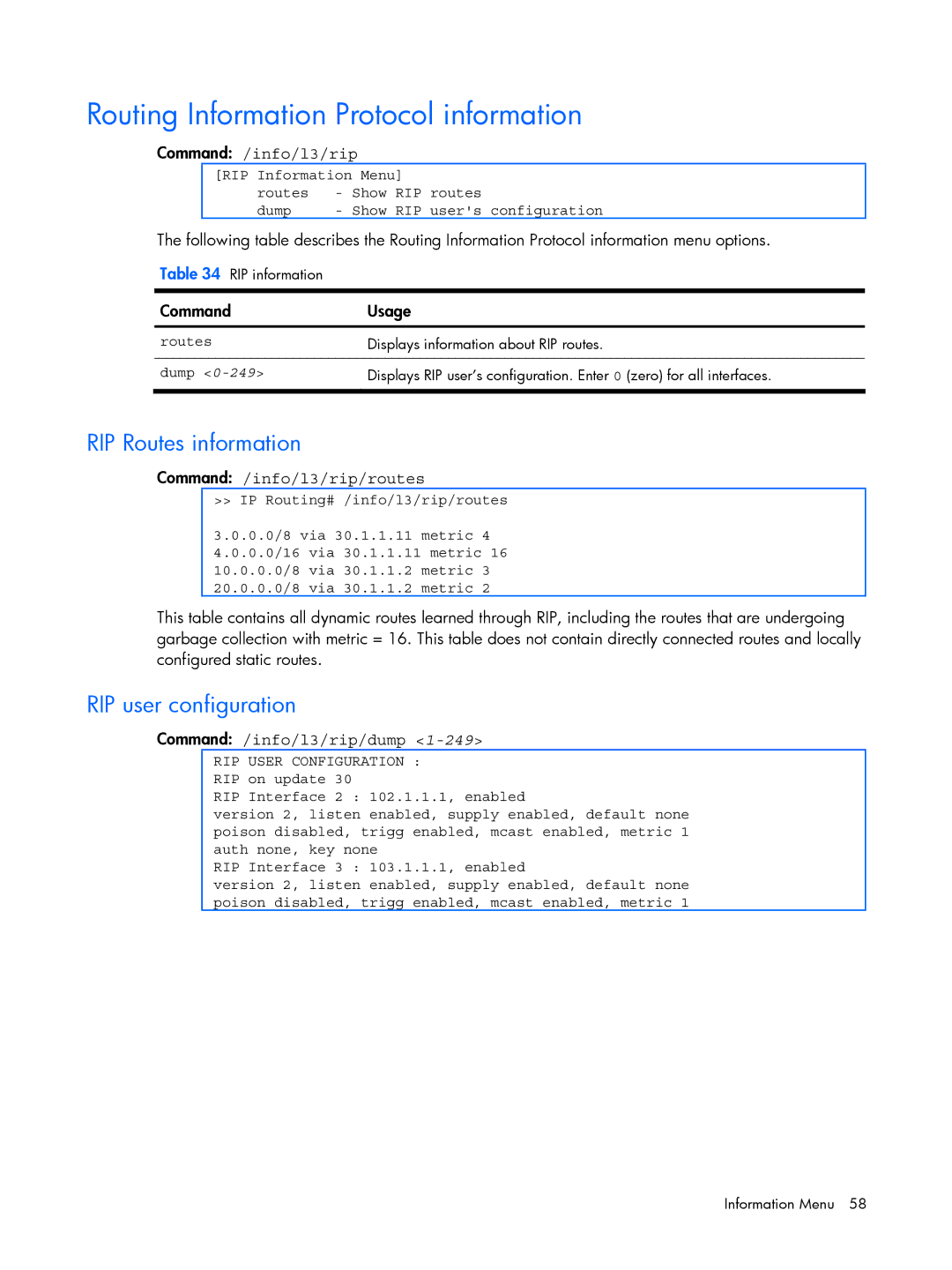 HP BMD00022 manual Routing Information Protocol information, RIP Routes information, RIP user configuration 