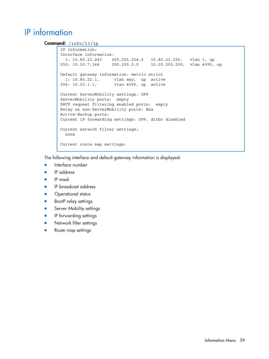 HP BMD00022 manual IP information, Command /info/l3/ip 