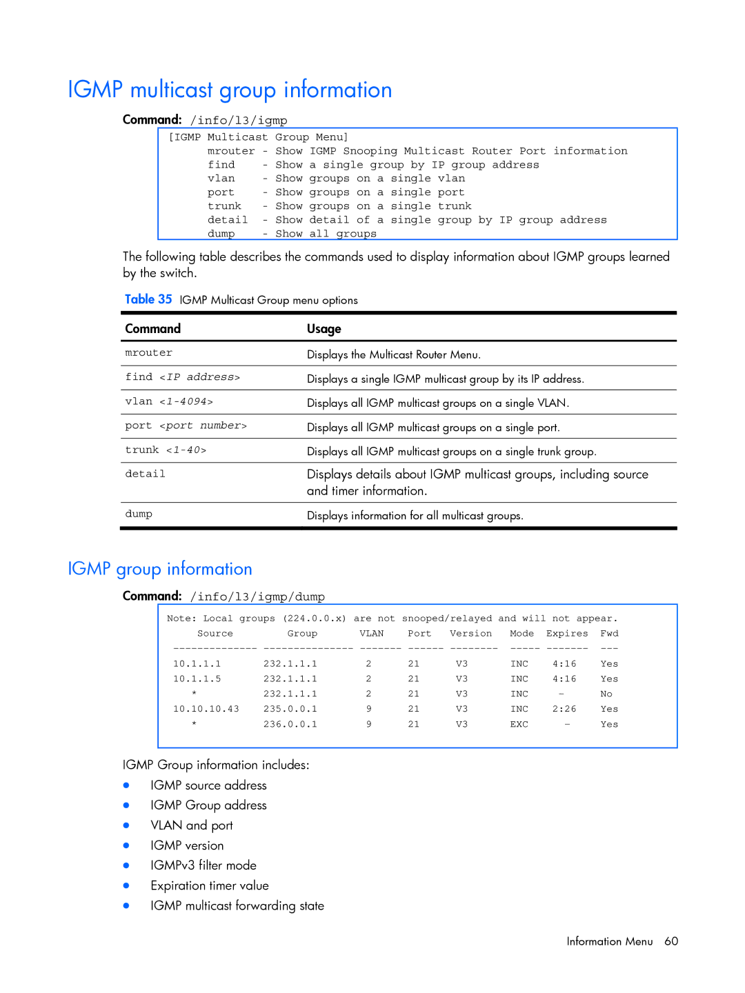 HP BMD00022 manual Igmp multicast group information, Igmp group information, Command /info/l3/igmp, Timer information 