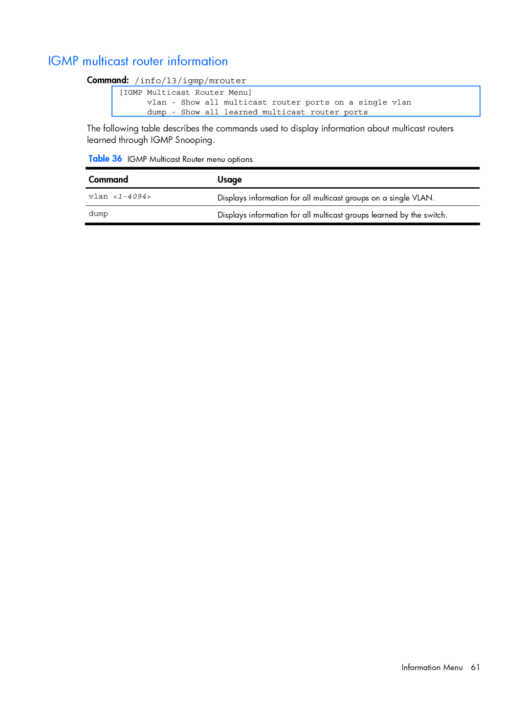 HP BMD00022 manual Igmp multicast router information, 4094 