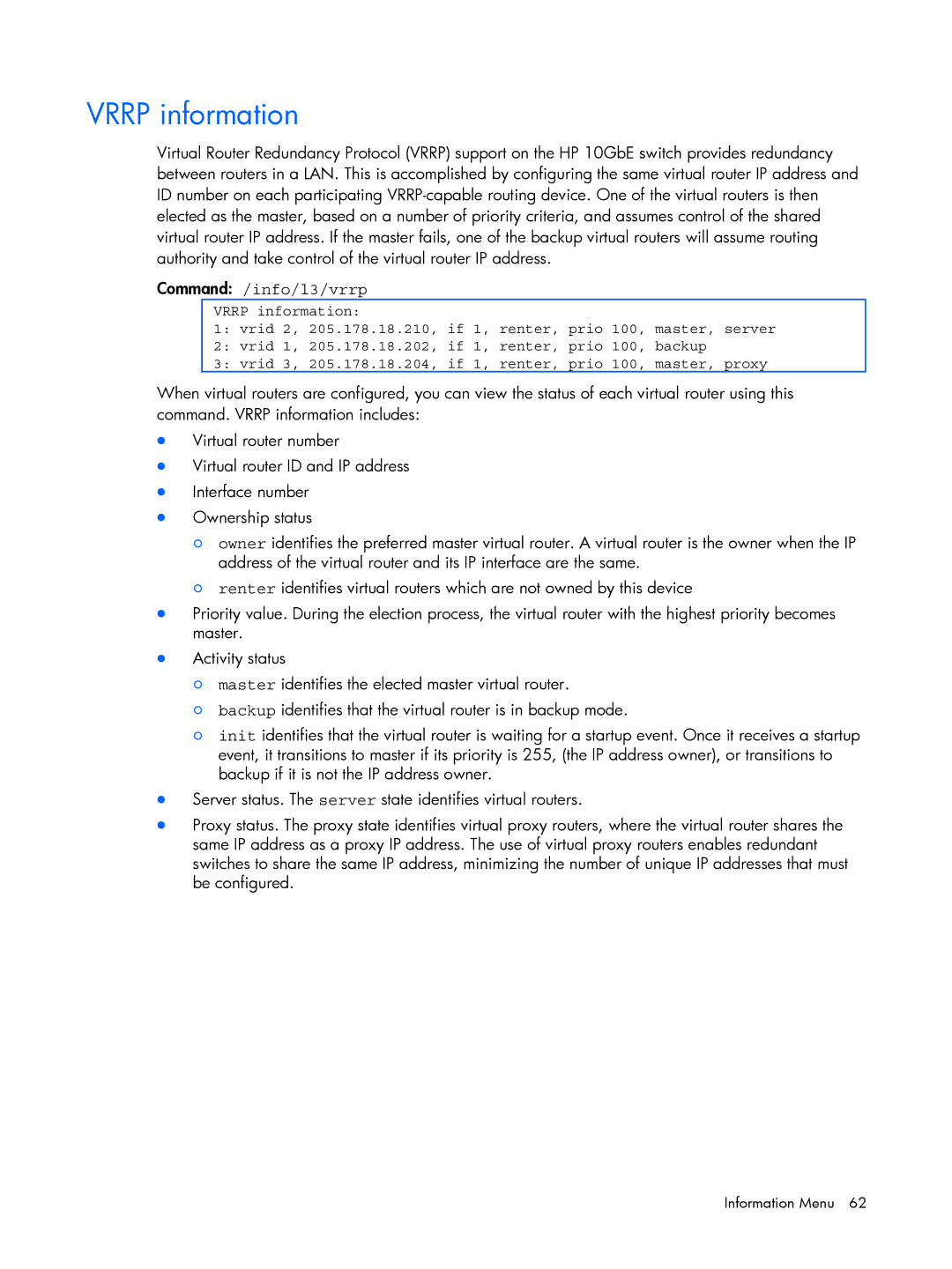 HP BMD00022 manual Vrrp information, Command /info/l3/vrrp 