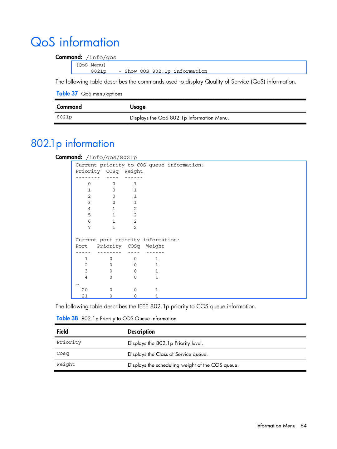 HP BMD00022 manual QoS information, 802.1p information, Command /info/qos/8021p 