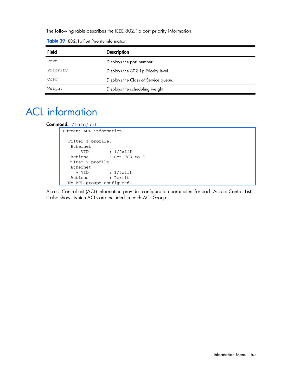 HP BMD00022 manual ACL information, Command /info/acl 