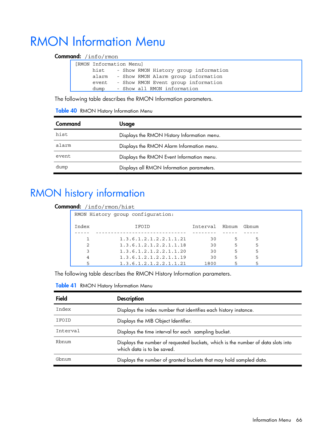 HP BMD00022 manual Rmon Information Menu, Rmon history information, Command /info/rmon/hist 