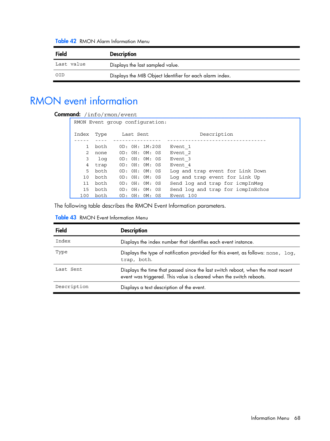 HP BMD00022 manual Command /info/rmon/event, Trap, both 