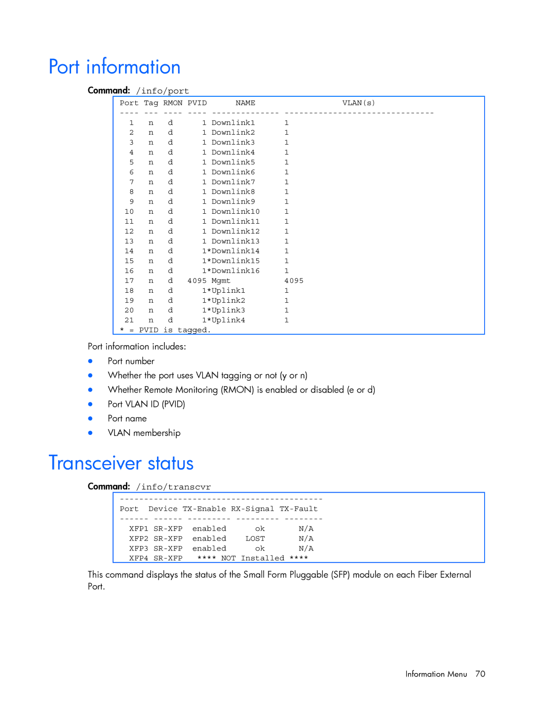 HP BMD00022 manual Port information, Transceiver status, Command /info/port, Command /info/transcvr 