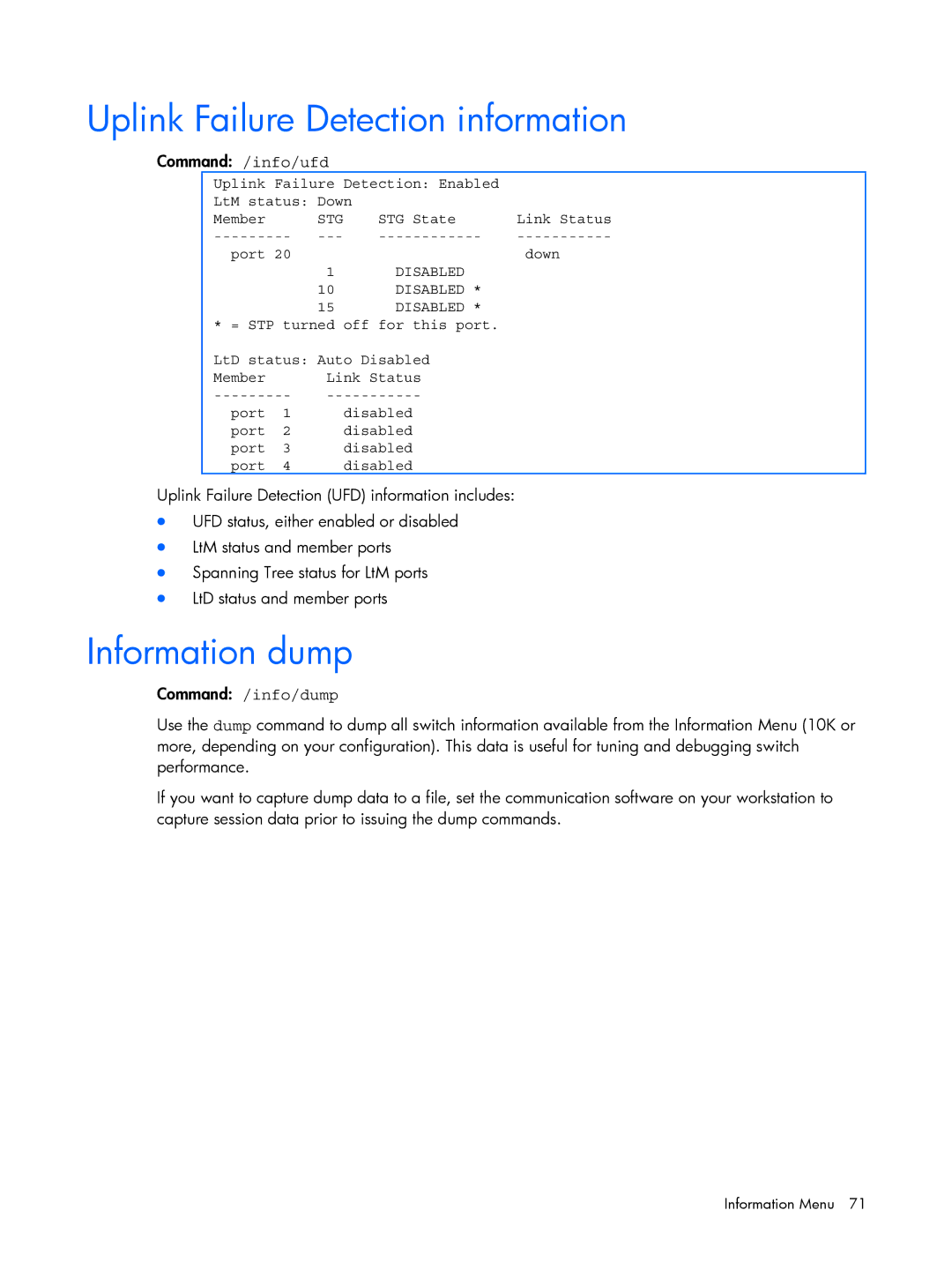 HP BMD00022 manual Uplink Failure Detection information, Information dump, Command /info/ufd, Command /info/dump 