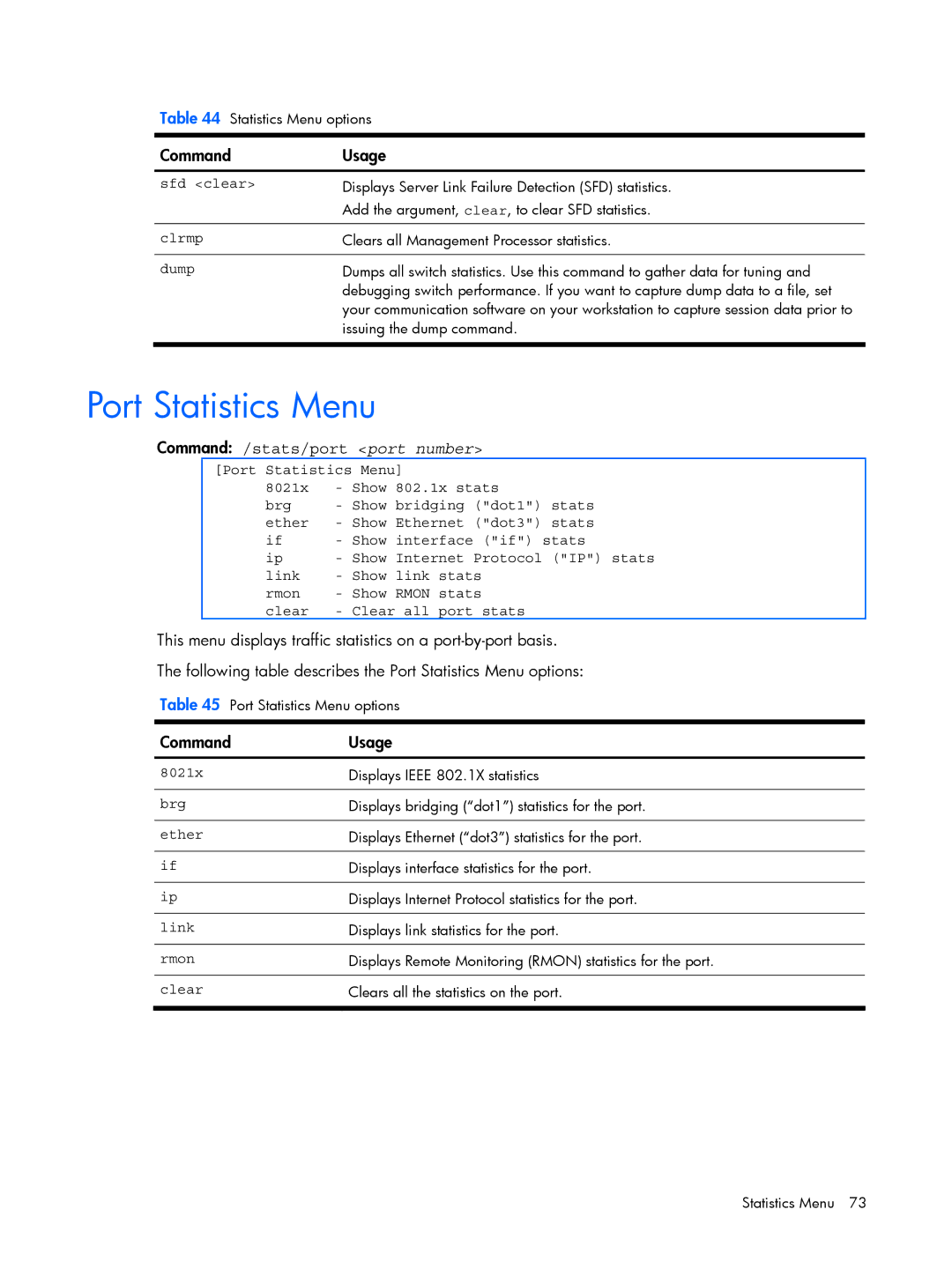 HP BMD00022 manual Port Statistics Menu, Command /stats/port port number, Sfd clear 