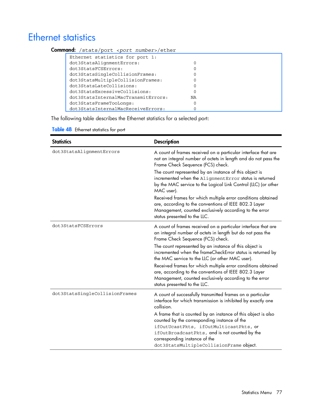 HP BMD00022 manual Ethernet statistics, Command /stats/port port number/ether 