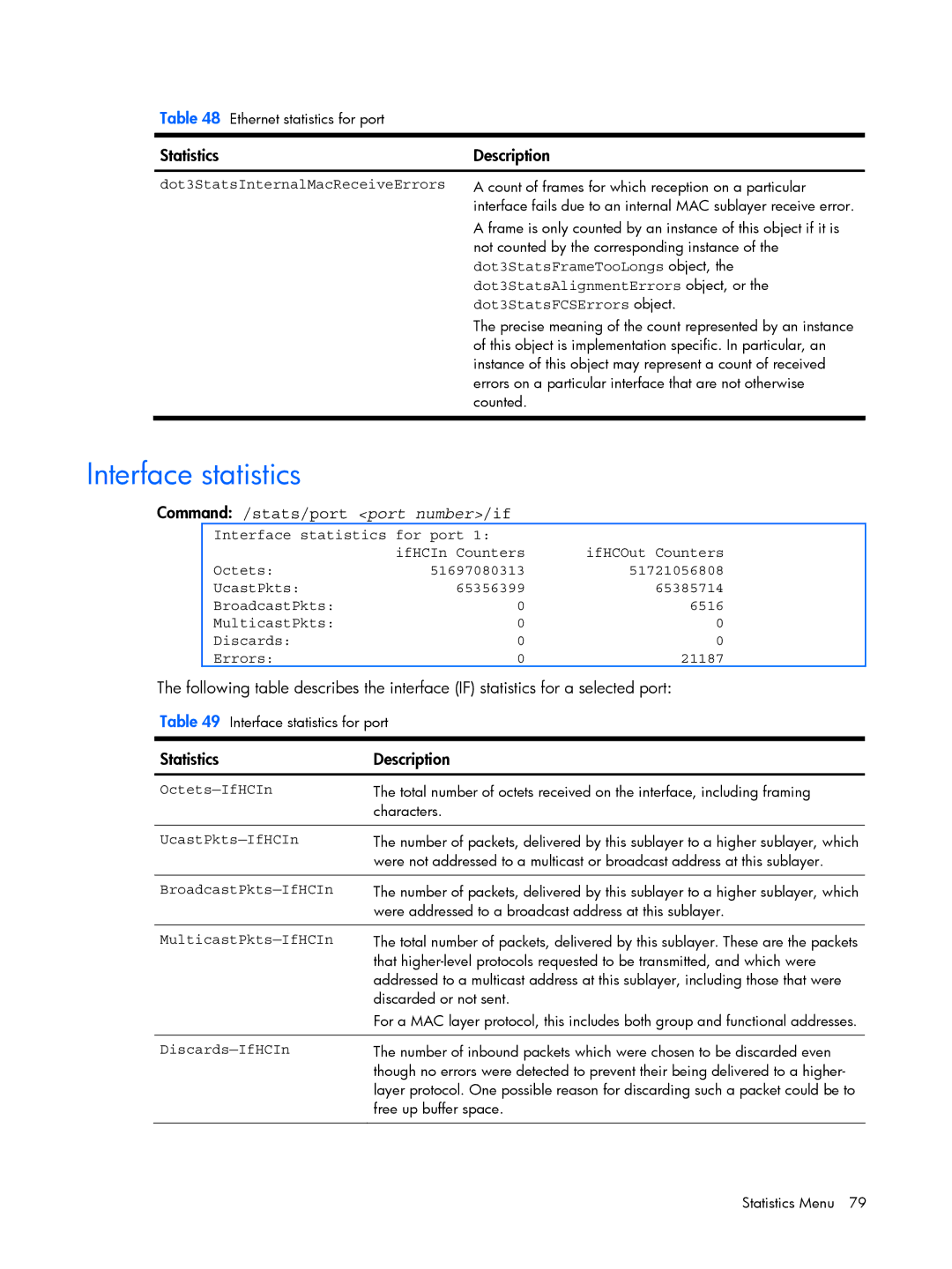 HP BMD00022 manual Interface statistics, Command /stats/port port number/if 