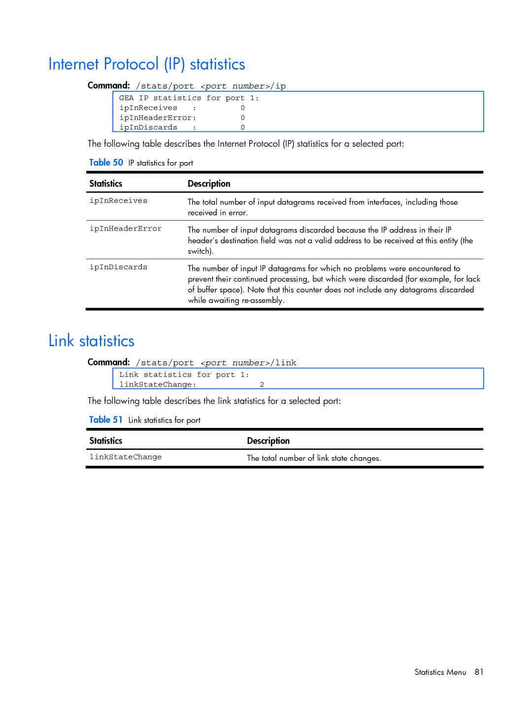 HP BMD00022 manual Internet Protocol IP statistics, Link statistics, Command /stats/port port number/ip 