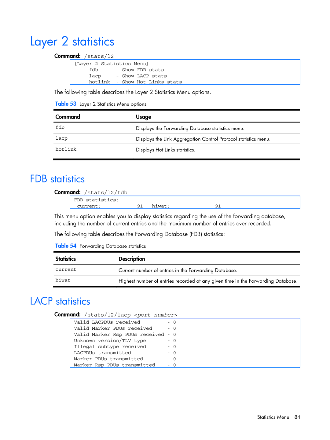 HP BMD00022 Layer 2 statistics, FDB statistics, Lacp statistics, Command /stats/l2/fdb, Command /stats/l2/lacp port number 